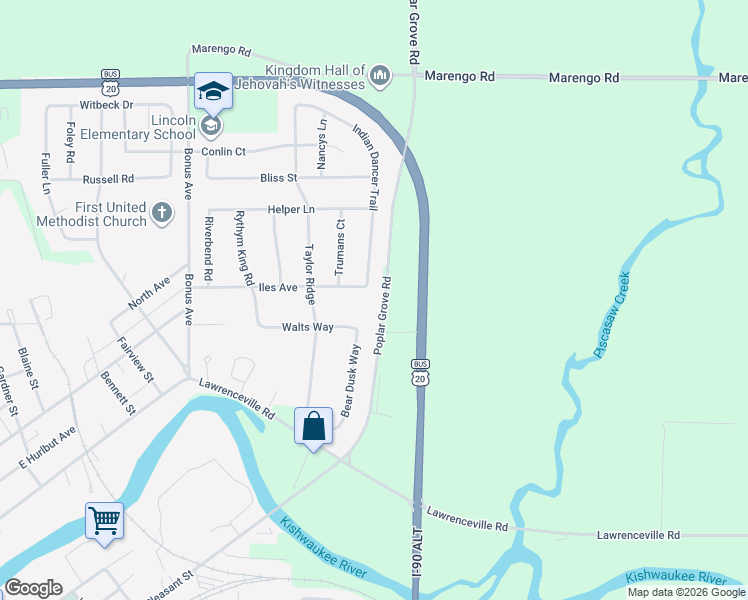 map of restaurants, bars, coffee shops, grocery stores, and more near 1605 Iles Avenue in Belvidere