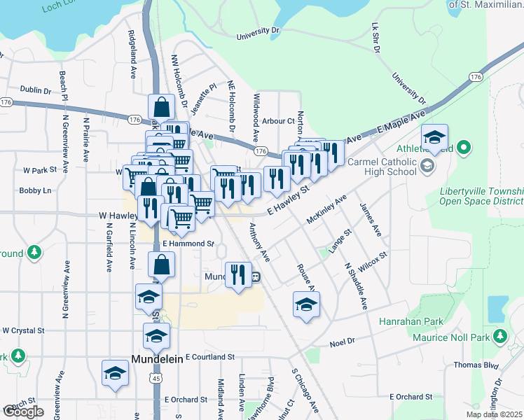 map of restaurants, bars, coffee shops, grocery stores, and more near 440 East Hawley Street in Mundelein