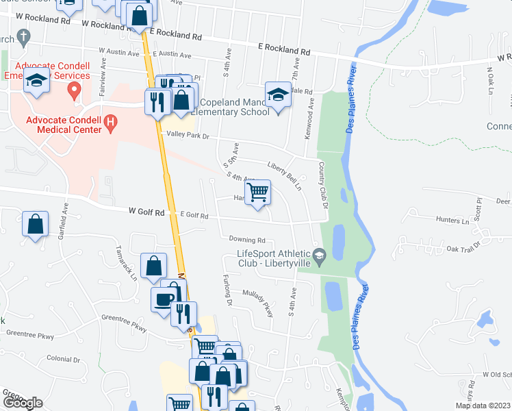 map of restaurants, bars, coffee shops, grocery stores, and more near 627 Harvard Lane in Libertyville