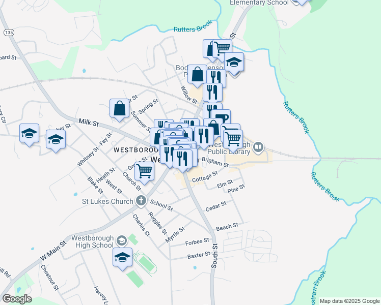 map of restaurants, bars, coffee shops, grocery stores, and more near 500 Union Street in Westborough