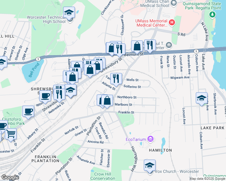 map of restaurants, bars, coffee shops, grocery stores, and more near 9 Atlanta Street in Worcester