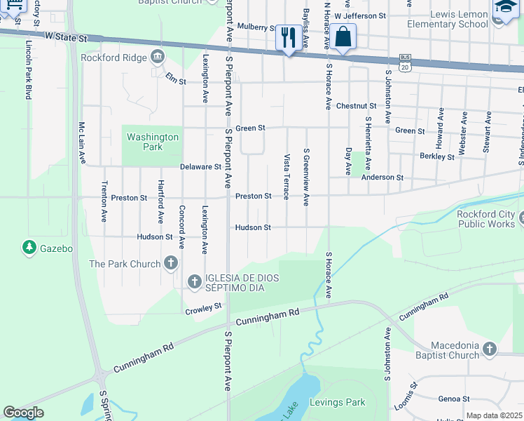 map of restaurants, bars, coffee shops, grocery stores, and more near 716 Plaisance Avenue in Rockford