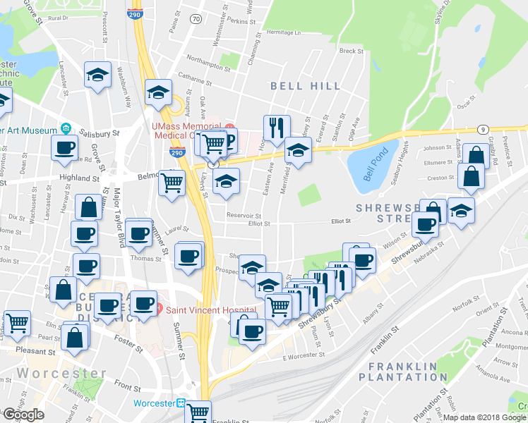 map of restaurants, bars, coffee shops, grocery stores, and more near 91 Eastern Avenue in Worcester