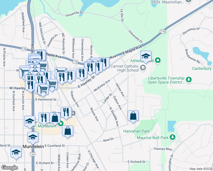 map of restaurants, bars, coffee shops, grocery stores, and more near 719 McKinley Avenue in Mundelein