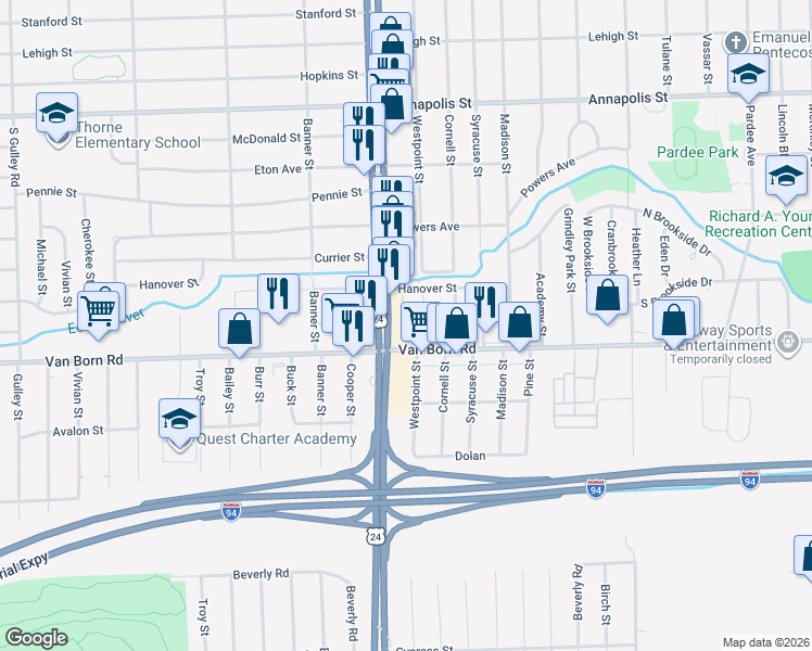 map of restaurants, bars, coffee shops, grocery stores, and more near 5709 South Telegraph Road in Dearborn Heights