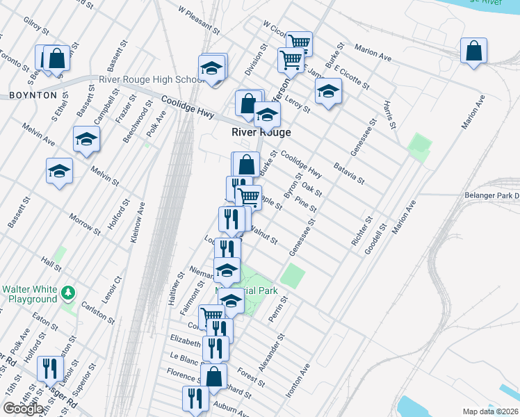 map of restaurants, bars, coffee shops, grocery stores, and more near 45 Elm Street in River Rouge