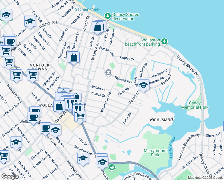 map of restaurants, bars, coffee shops, grocery stores, and more near 125 Waterston Avenue in Quincy