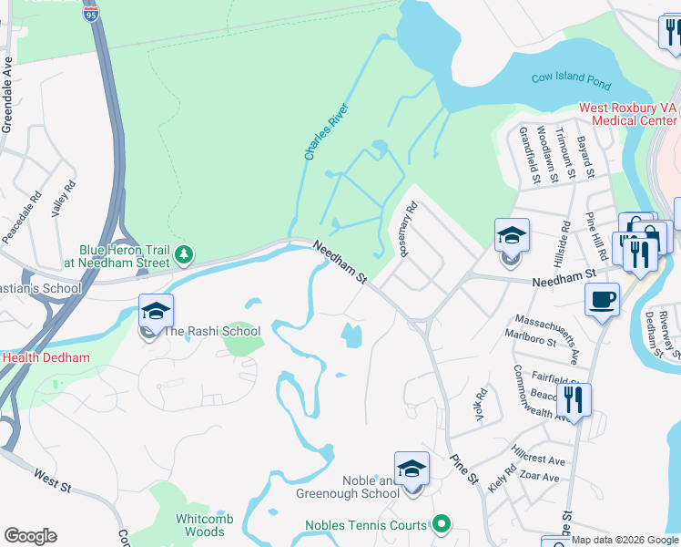 map of restaurants, bars, coffee shops, grocery stores, and more near 342 Needham Street in Dedham