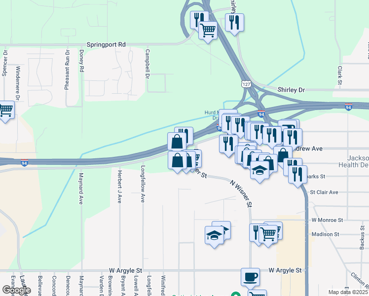 map of restaurants, bars, coffee shops, grocery stores, and more near Boardman Road in Jackson