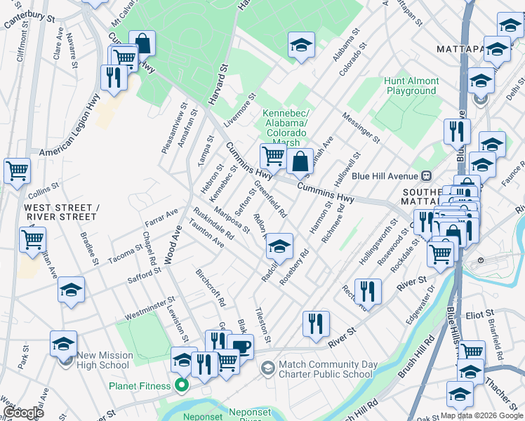 map of restaurants, bars, coffee shops, grocery stores, and more near 41 Ridlon Road in Boston