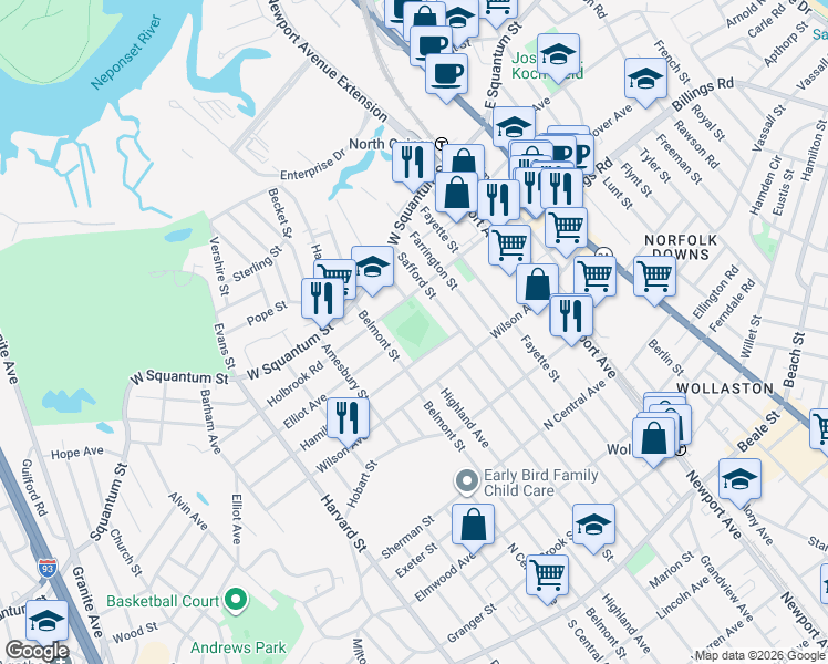map of restaurants, bars, coffee shops, grocery stores, and more near 88 Holbrook Road in Quincy