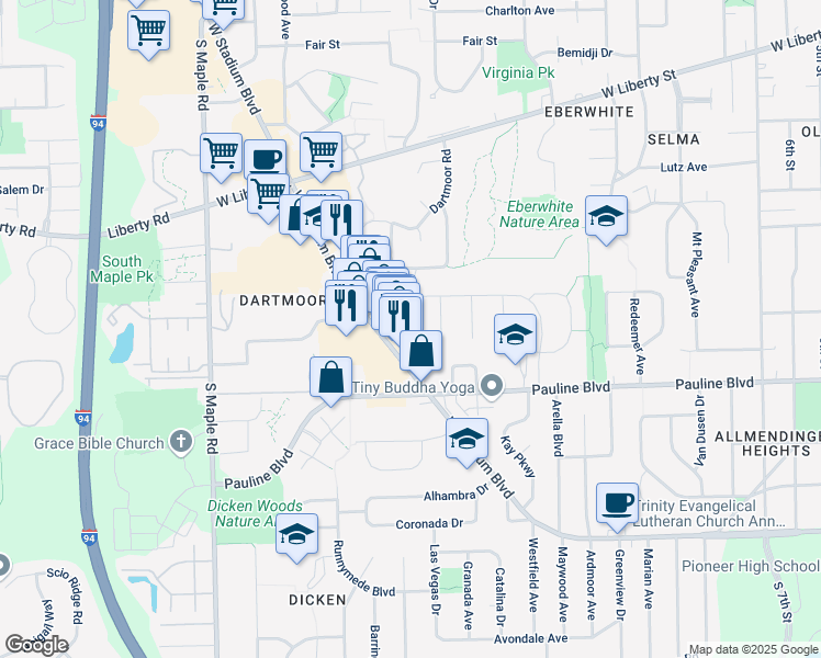 map of restaurants, bars, coffee shops, grocery stores, and more near 912 Evelyn Court in Ann Arbor