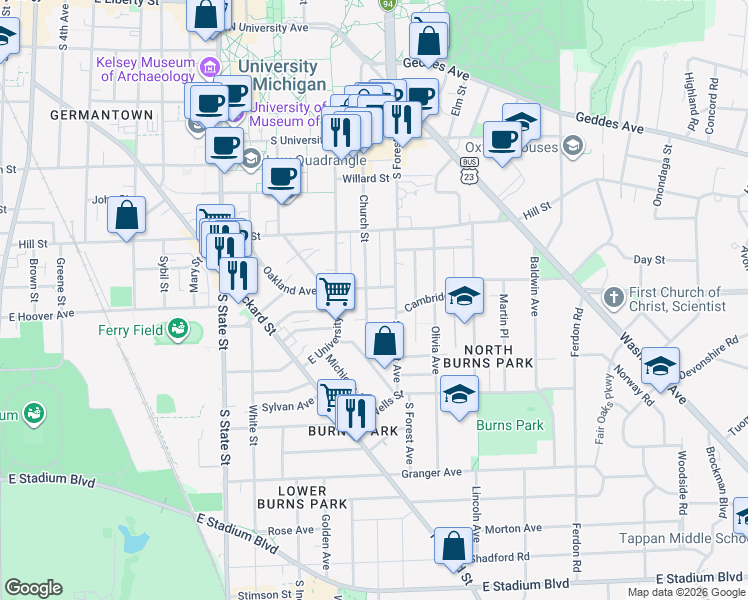 map of restaurants, bars, coffee shops, grocery stores, and more near 1009 Church Street in Ann Arbor