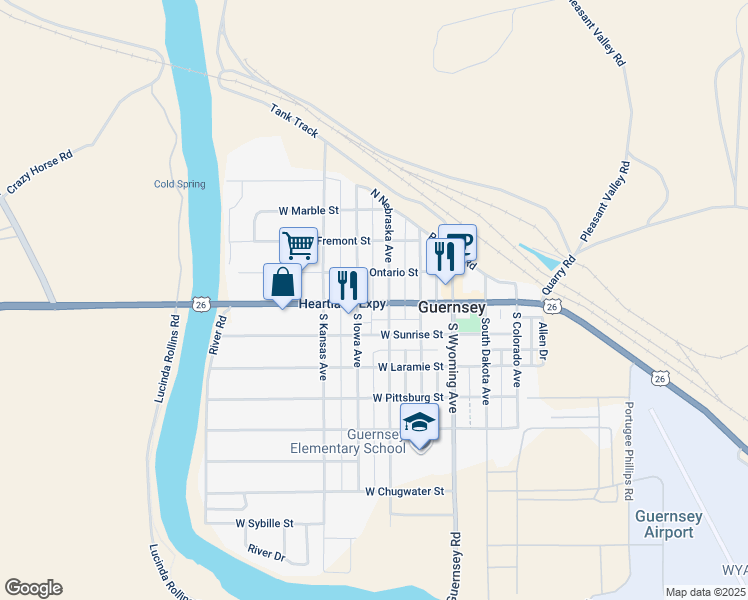 map of restaurants, bars, coffee shops, grocery stores, and more near 253-299 W Whalen St in Guernsey