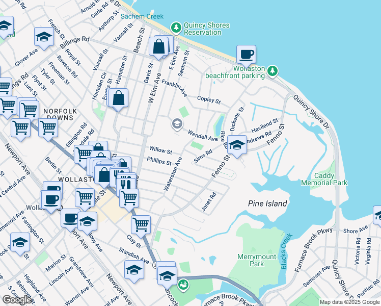 map of restaurants, bars, coffee shops, grocery stores, and more near 125 Waterston Avenue in Quincy