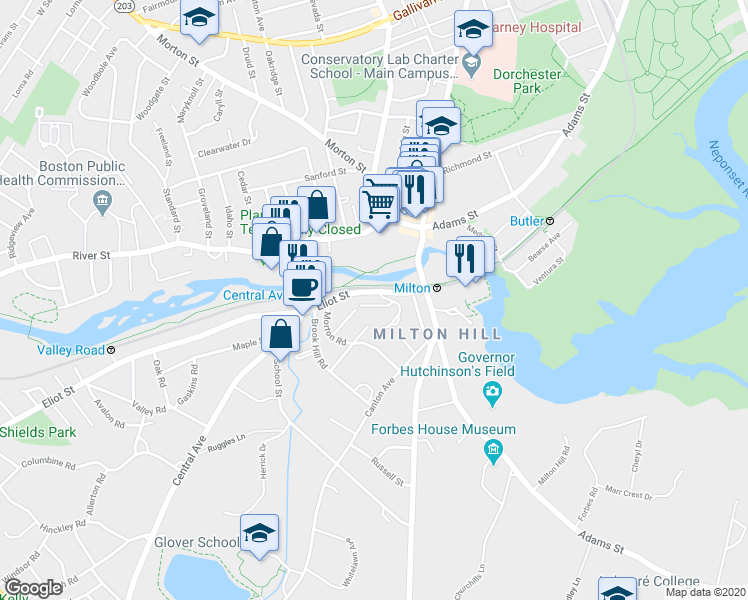 map of restaurants, bars, coffee shops, grocery stores, and more near 50 Eliot Street in Milton