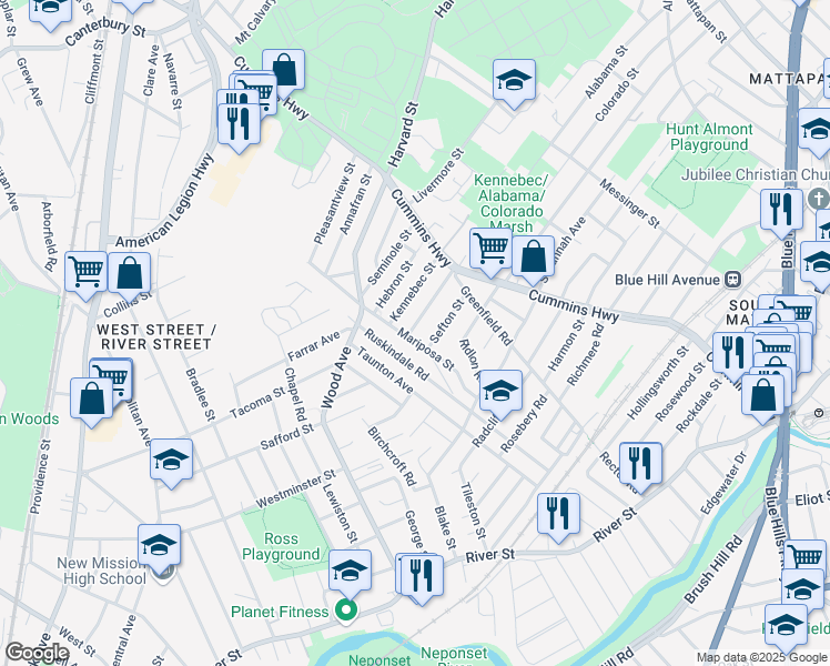 map of restaurants, bars, coffee shops, grocery stores, and more near 35 Sefton Street in Boston