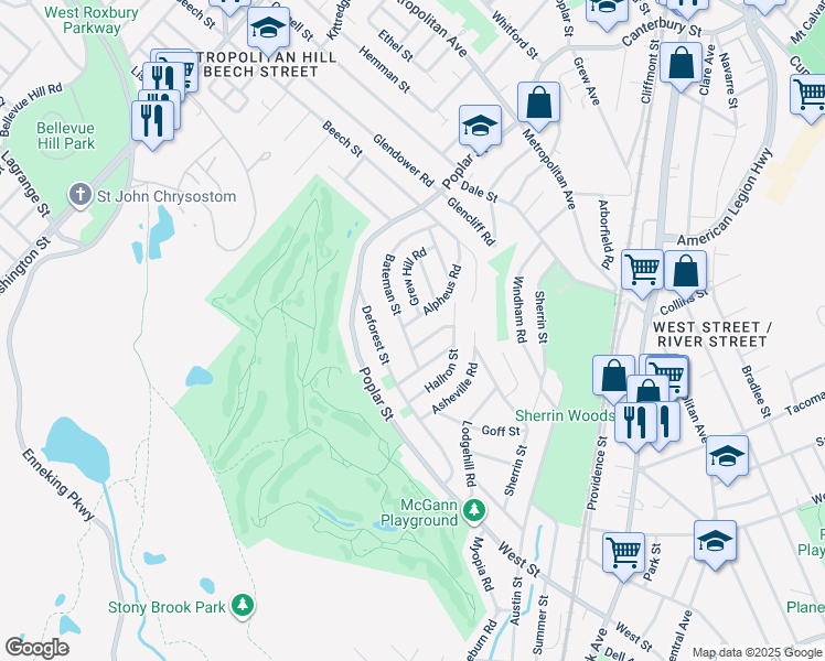 map of restaurants, bars, coffee shops, grocery stores, and more near 92 Alpheus Road in Boston