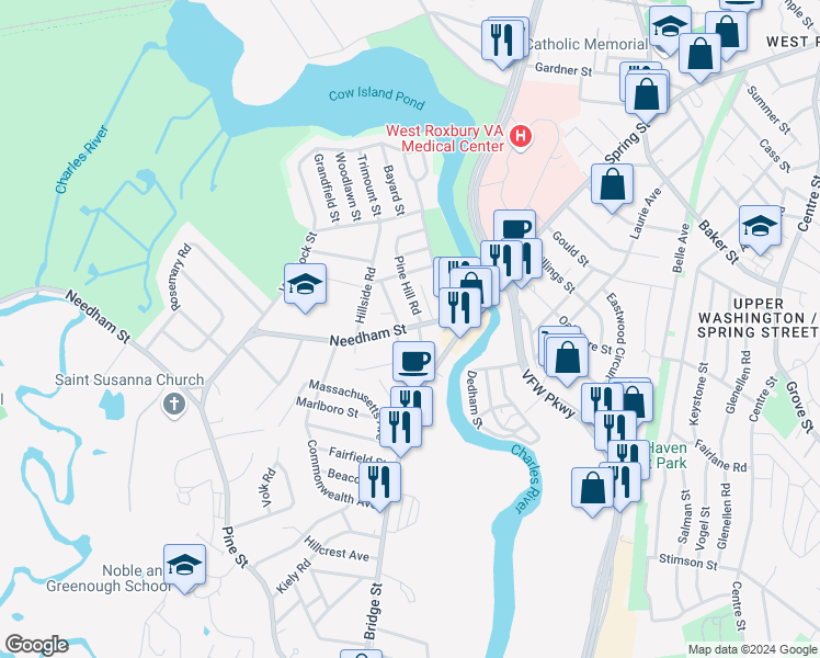 map of restaurants, bars, coffee shops, grocery stores, and more near 53 Needham Street in Dedham