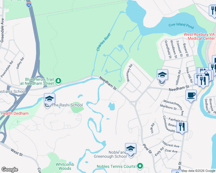 map of restaurants, bars, coffee shops, grocery stores, and more near 342 Needham Street in Dedham