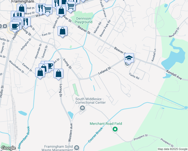 map of restaurants, bars, coffee shops, grocery stores, and more near 45 Leland Street in Framingham