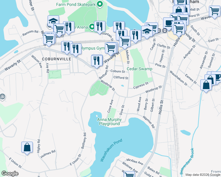 map of restaurants, bars, coffee shops, grocery stores, and more near 172 Winthrop Street in Framingham