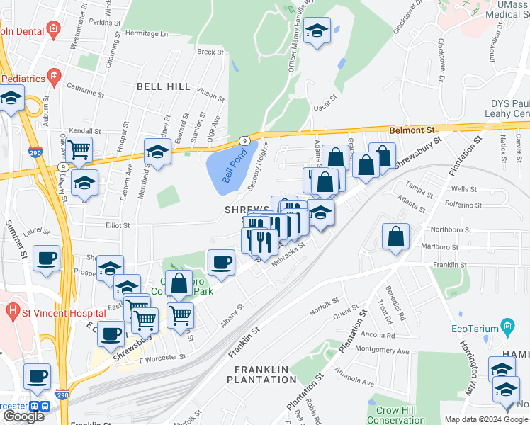 map of restaurants, bars, coffee shops, grocery stores, and more near in Worcester