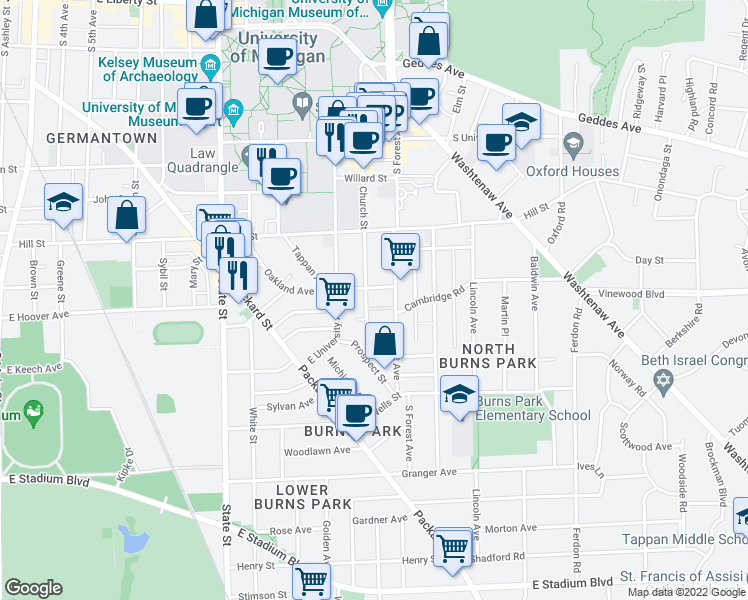 map of restaurants, bars, coffee shops, grocery stores, and more near 1000 Church Street in Ann Arbor