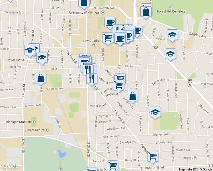 map of restaurants, bars, coffee shops, grocery stores, and more near 1000 Oakland Avenue in Ann Arbor