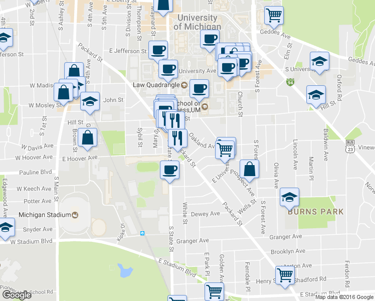 map of restaurants, bars, coffee shops, grocery stores, and more near 741 Packard Street in Ann Arbor