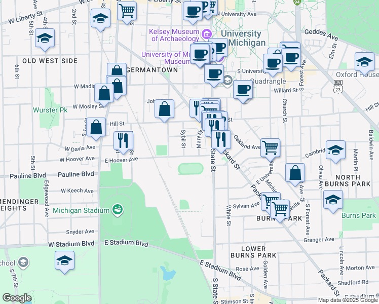 map of restaurants, bars, coffee shops, grocery stores, and more near 932 Mary Street in Ann Arbor