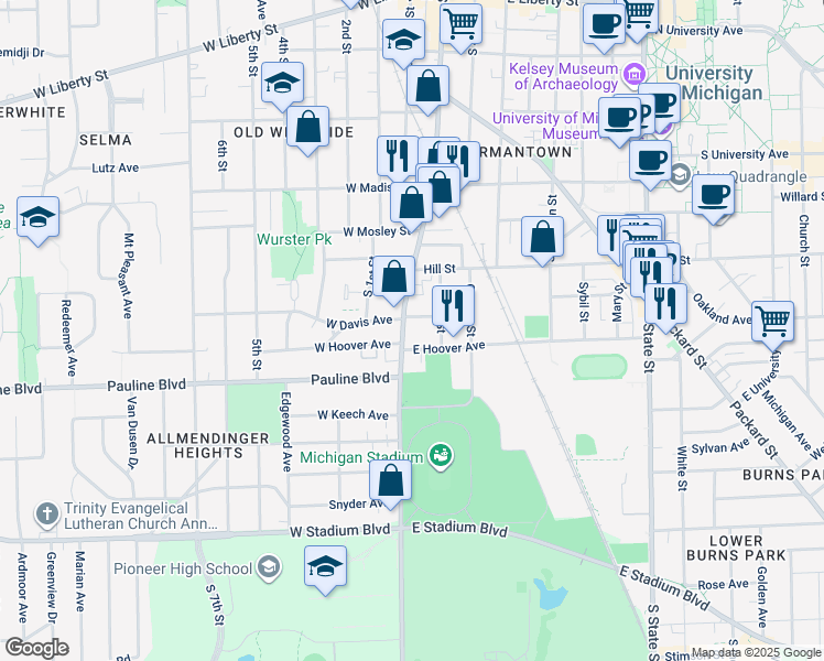 map of restaurants, bars, coffee shops, grocery stores, and more near 110 East Davis Avenue in Ann Arbor