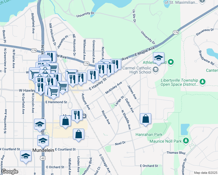 map of restaurants, bars, coffee shops, grocery stores, and more near 600 McKinley Avenue in Mundelein