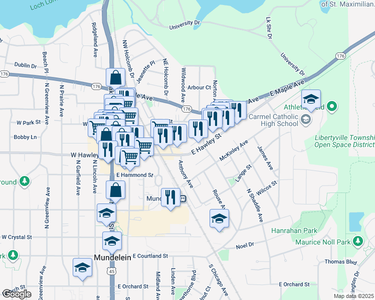 map of restaurants, bars, coffee shops, grocery stores, and more near 440 East Hawley Street in Mundelein