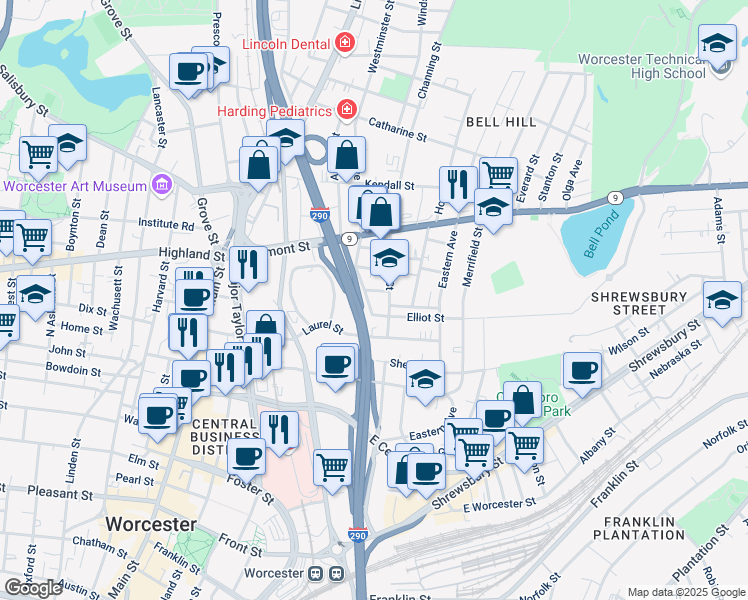 map of restaurants, bars, coffee shops, grocery stores, and more near 30-1/2 Glen Street in Worcester