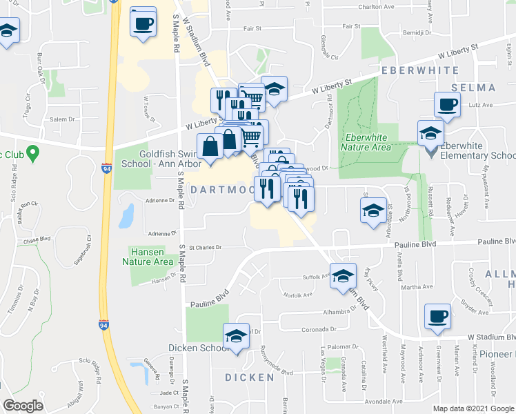 map of restaurants, bars, coffee shops, grocery stores, and more near 1919 Federal Boulevard in Ann Arbor