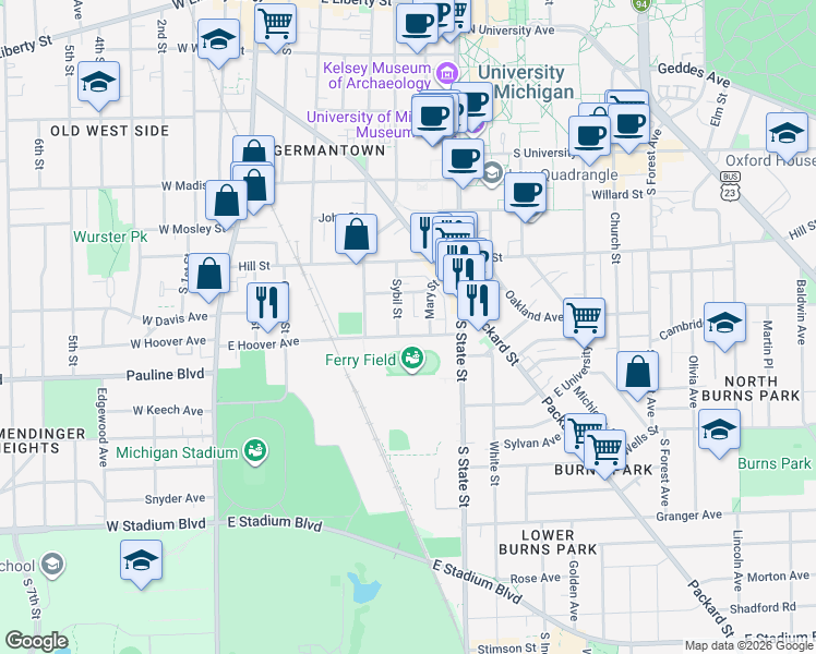 map of restaurants, bars, coffee shops, grocery stores, and more near 511 East Hoover Avenue in Ann Arbor