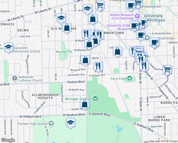 map of restaurants, bars, coffee shops, grocery stores, and more near 110 East Davis Avenue in Ann Arbor
