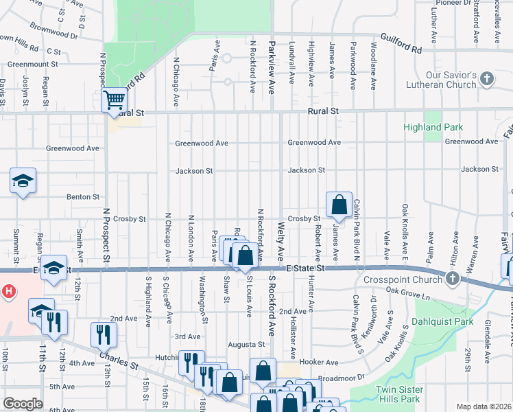 map of restaurants, bars, coffee shops, grocery stores, and more near 316 North Rockford Avenue in Rockford