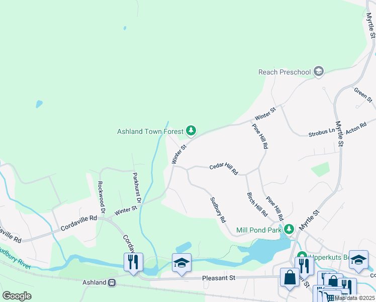 map of restaurants, bars, coffee shops, grocery stores, and more near 111 Winter Street in Ashland