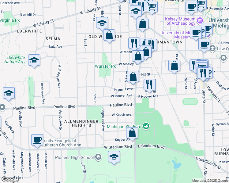 map of restaurants, bars, coffee shops, grocery stores, and more near 401 Wilder Place in Ann Arbor