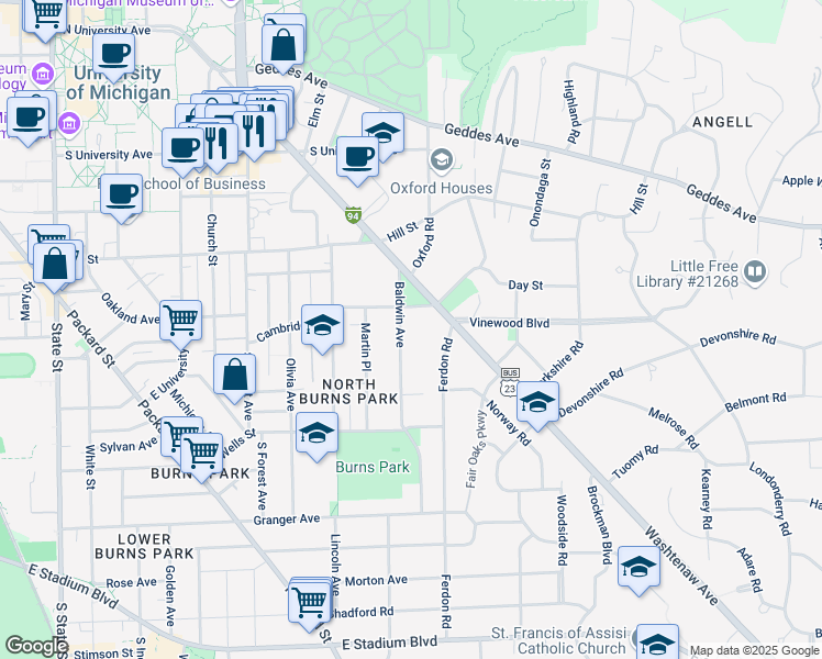 map of restaurants, bars, coffee shops, grocery stores, and more near 1019 Baldwin Avenue in Ann Arbor