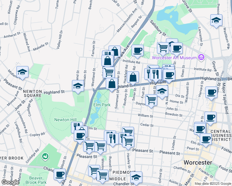 map of restaurants, bars, coffee shops, grocery stores, and more near 35 Somerset Street in Worcester