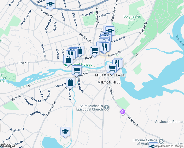 map of restaurants, bars, coffee shops, grocery stores, and more near 50 Eliot Street in Milton