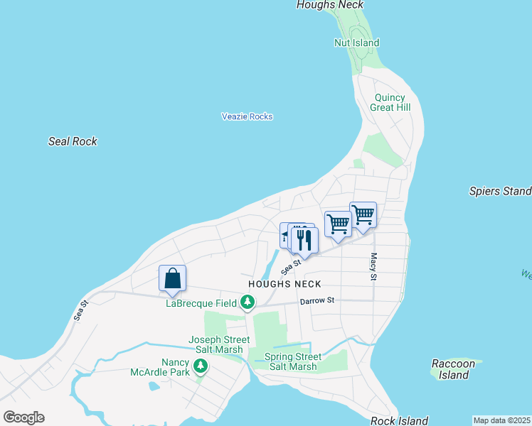 map of restaurants, bars, coffee shops, grocery stores, and more near 218 Manet Avenue in Quincy