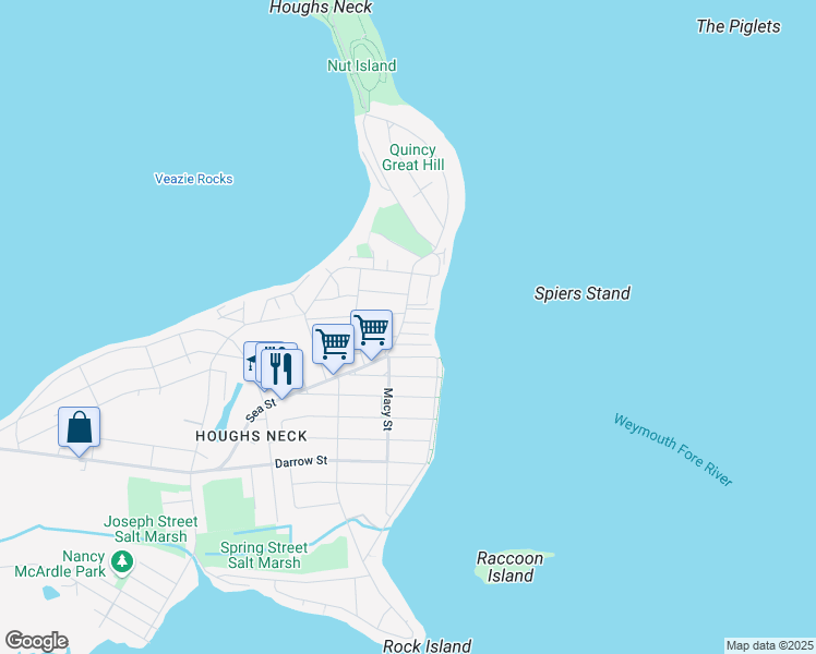 map of restaurants, bars, coffee shops, grocery stores, and more near 1225 Sea Street in Quincy