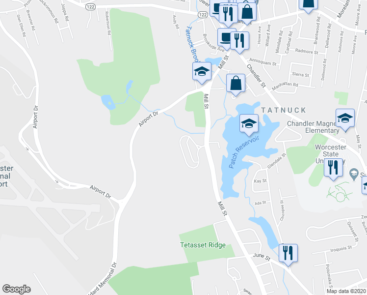 map of restaurants, bars, coffee shops, grocery stores, and more near 505 Mill Street in Worcester