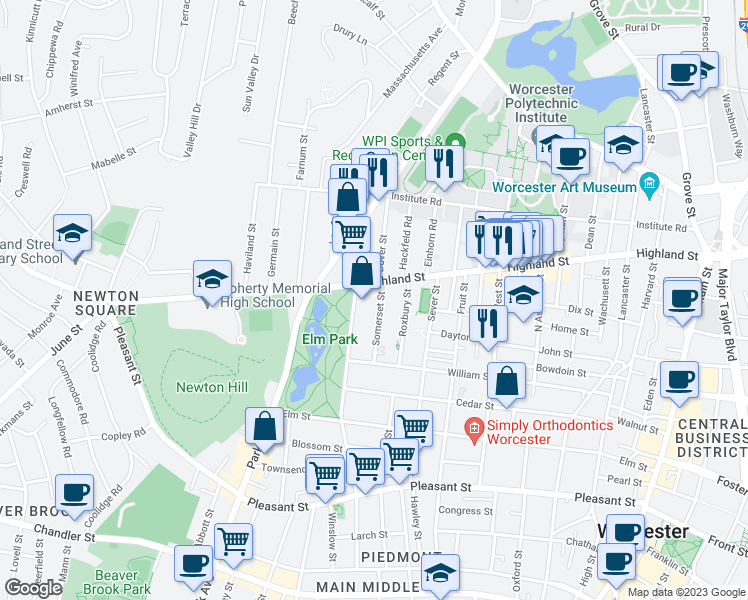 map of restaurants, bars, coffee shops, grocery stores, and more near 35 Somerset Street in Worcester