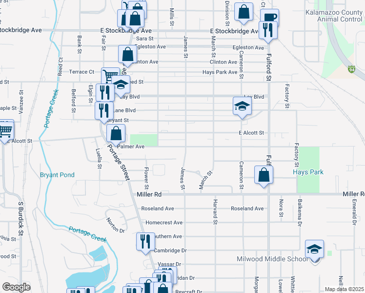 map of restaurants, bars, coffee shops, grocery stores, and more near 1115 Palmer Avenue in Kalamazoo
