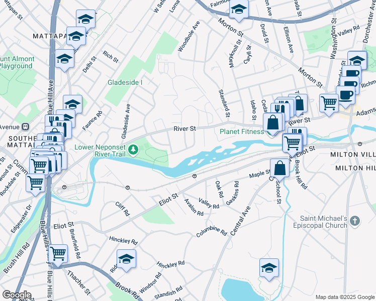 map of restaurants, bars, coffee shops, grocery stores, and more near 34 Meadowbank Avenue in Boston